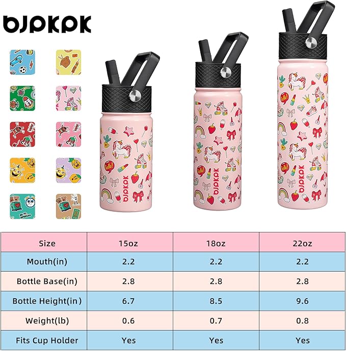 BJPKPK Insulated Water Bottle with Straw Lid, 15 oz Stainless Steel Metal Water Bottles, Reusable Leak Proof BPA Free Water Bottles, Cups, Thermo, Unicorn