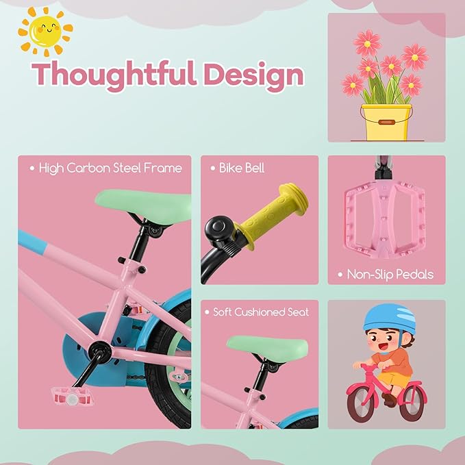 BABY JOY Colorful Macarons Kids Bike, 12 14 16 18 Inch Sporty Children's Bicycle with Training Wheels, Adjustable Handlebar & Saddle, Handbrake & Coaster Brake, Boys Girls Bike for 3-8 Years Old