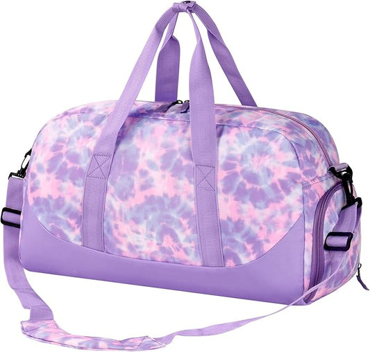 Choco Mocha Duffle Bag Kids Girls - Tie Dye Overnight Bags for Kid with Shoes Compartment, Cute Weekender Bag for Sleepover Travel, Purple