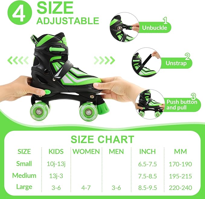PAPAISON Kids Roller Skates for Boys Girls, 4 Size Adjustable Rollerskates with Light Up Wheels for Kids Ages 4-12