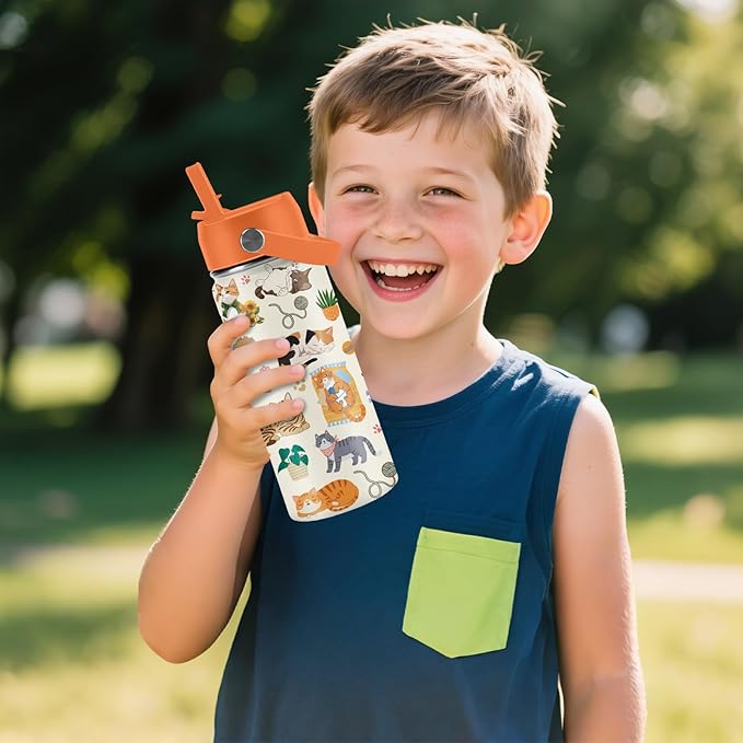 Cat Gifts for Kids - 16 Oz Orange Cat Water Bottle with Straw Lid, Stainless Steel Insulated Tumbler, Leak Proof, for Boys & Girls, School, Travel - Funny Cats Lovers Children Birthday Gifts Cups(1pc)