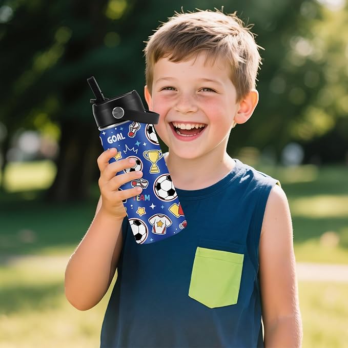 Soccer Gifts for Kids - 16 Oz Kids Water Bottle with Straw Lid, Stainless Steel Insulated Tumbler, Leak Proof, BPA-Free, for Girls, School, Travel - Soccer Lovers Children Birthday Gifts Cups(1pc)
