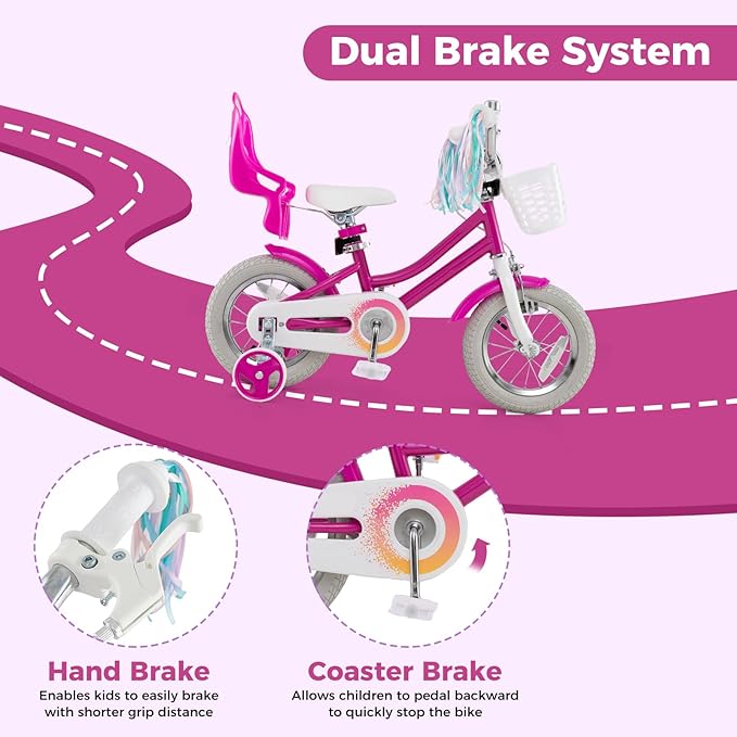 BABY JOY Kids Bike, 12 14 16 18 Inch Children Bicycle w/Detachable Training Wheels, Storage Basket, Adjustable Seat & Handlebar, Bow or Streamer, Girls Bike for 3-8 Years Old