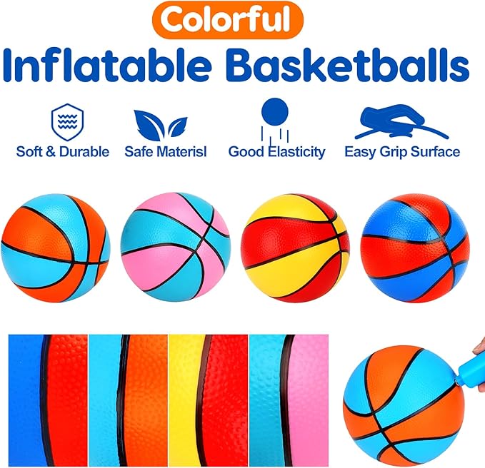 4 Packs Mini Basketballs 7 Inch Size 3 with Pump, Kids Small Basketball Set for Basketball Hoop Pool Party Games Indoor Outdoor Play Sports Toys Bouncy Basket Balls for Kids Toddlers 1-3 3-5 5-7 Gifts