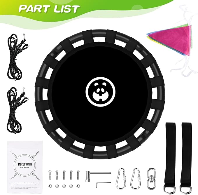 40 Inch Saucer Swing, 900lbs Weight Capacity Tree Swing Sets for Backyard 2 Added Hanging Straps Adjustable Multi-Strand Ropes and Center Swivel Spinner, Gifts for Kids and Family, Black