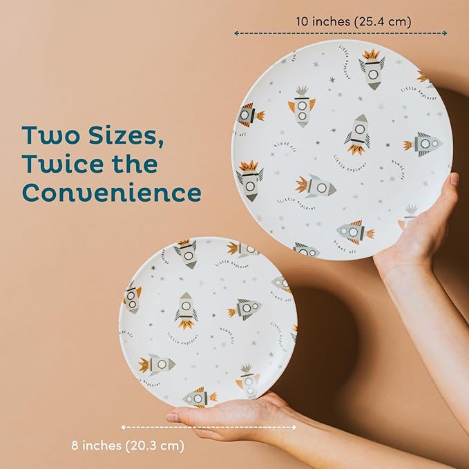 Nook Theory 4 Pack Reusable Bamboo Plates - Non-Toxic Toddler and Kids Plate, Dishwasher Safe, Not Microwavable Dinnerware (Space 8")