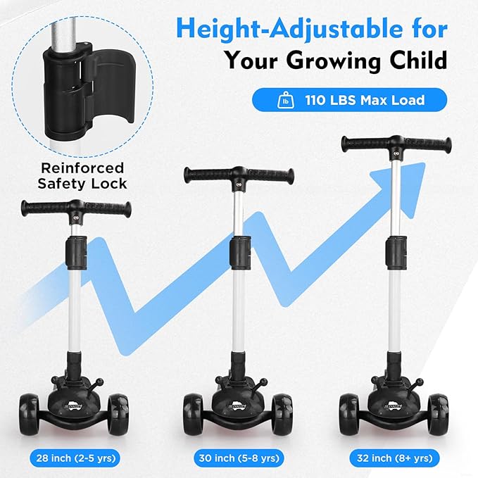 3 Wheel Electric Scooter for Kids Ages 3-12, w/Full Body Lights Up, DIY Stickers, 3 Adjustable Heights, 5Mph Safe Speed, 90min Riding, BLISSRIDE Foldable Kids Electric Scooter for Boys & Girls