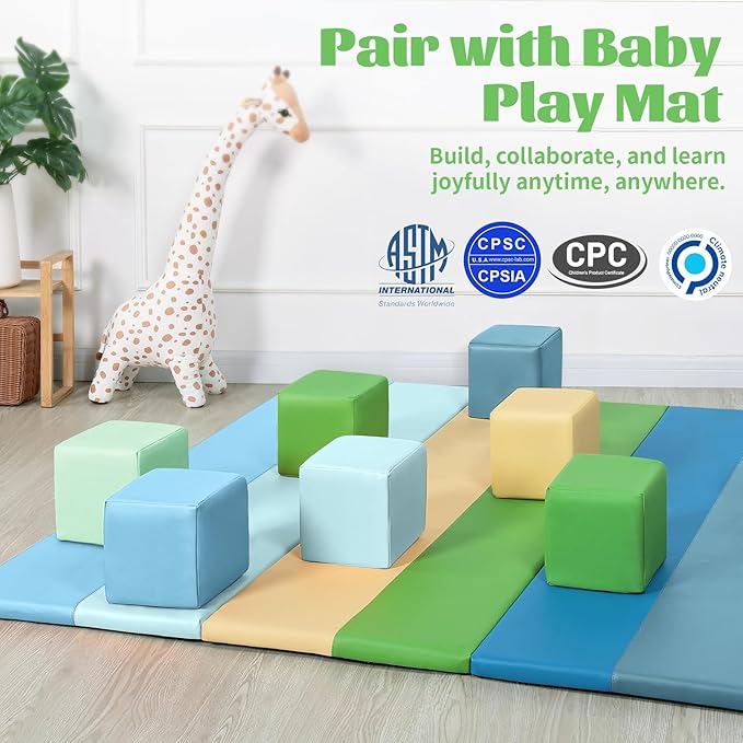 Foam Building Blocks for Toddlers：12-Pieces Wipeable Leather Stacking Cubes Kids - Large Soft Toys Play Set for Learning Construction Baby Preschool Daycare Therapy Birthday Gift (Yellow Green)