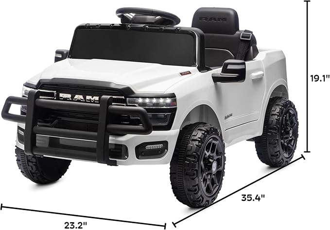 Kidzone Ride On Truck for Kids, Licensed RAM 3500 12V Battery Powered Electric Car Toy with Remote Control, LED Lights, Bluetooth Music & Rear Suspension - White