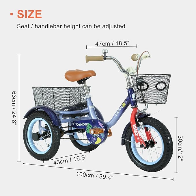 12 inch Trike,Kids Tricycle,Kids Trike,for Ages 3+ Beginner Riders, with Front Rear Basket and Passenger Seat, for Shopping Picnic Outdoor Kids Playground Sports,Multiple Colors