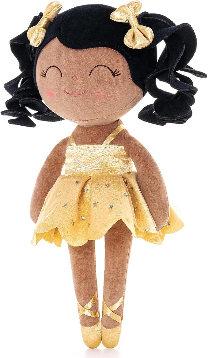 Gloveleya Baby Dolls Soft Snuggly Curly Hair Ballerina Doll First Baby Girl Gifts Plush Tanned Ballet Doll with Lace Mesh Dress Golden Ballerina Series