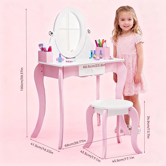 Kids Vanity Set Wooden Princess Play Makeup Table with Stool, Rotating Mirror & Anti-Slip Feet - Toddler Girls Dress Up Dressing Furniture Gift (Pink)