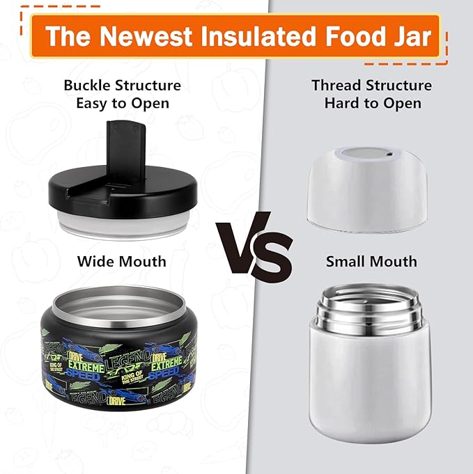 13.5oz Kids Soup Jar for Hot Food Vacuum Insulated Food Jar with Buckle Lid, Stainless Steel Wide Mouth Leak Proof Lunch Container for School Picnic Travel (Car Black)