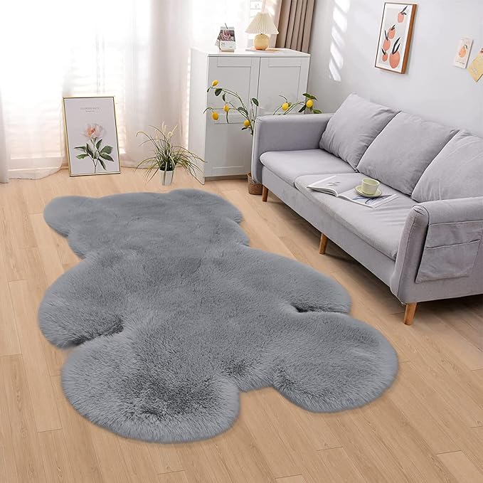 4x5.3 ft Grey Bear Shaggy Large Rug, Soft Fluffy Faux Sheepskin Fur Rug Fuzzy Shag Area Rug Cute Plush Carpet for Nursery Kids Girls Bedroom Room Aesthetic Living Room Floor Home Decor, Grey