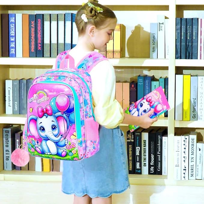 CCJPX 3PCS Backpack for Girls, 16”Elephant Bookbag with Lunch Box, Kids Water Resistant Elementary School Bag for Preschool Kindergarten Toddler