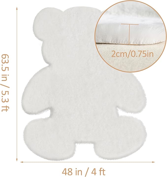 4x5.3 ft White Bear Shaggy Large Rug, Soft Fluffy Faux Sheepskin Fur Rug Fuzzy Shag Area Rug Cute Plush Carpet for Nursery Kids Girls Bedroom Room Aesthetic Living Room Floor Home Decor, White