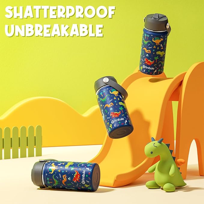 Fimibuke Kids Insulated Water Bottle, 14oz BPA FREE 18/8 Stainless Steel Travel Tumbler Double Wall Vacuum Leak Proof Kids Cup with Straw Metal Bottle for School Boys Girls(1 Pack, BLUE DINOSAUR)