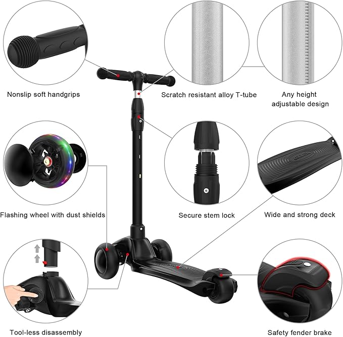 Allek Kick Scooter B03, Lean 'N Glide 3-Wheeled Push Scooter with Extra Wide PU Light-Up Wheels, Any Height Adjustable Handlebar and Strong Thick Deck for Children from 3-12yrs (Black)