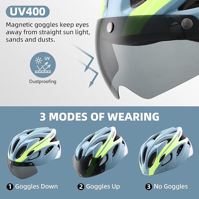 Adult Bike Helmet, Bicycle Helmet with Rear LED Light & Detachable Magnetic Goggles, CPSC/CE Certified Cycling Helmet Adjustable for Men Women Mountain & Road