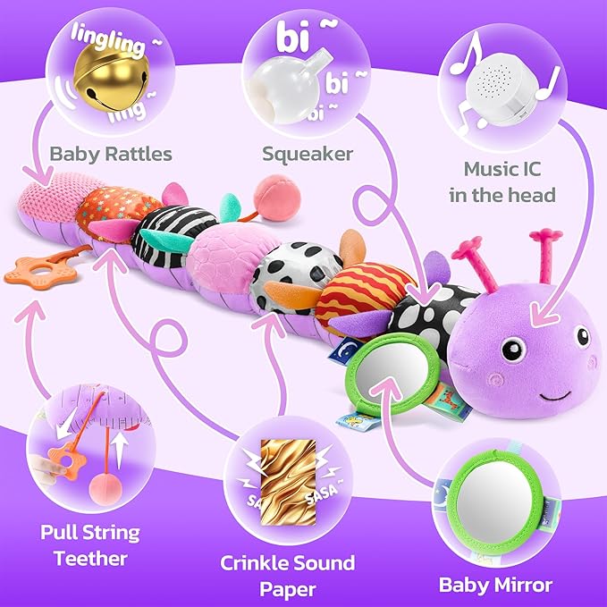 HEMRLY Baby Sensory Toy 0-6 Months, Musical Stuffed Caterpillar Plush with Teether, Crinkle, Rattle, Baby Mirror for Tummy Time, Infant Car Seat Toy for 0-3-6-12 Month Boys Girls Gifts - Leaf Purple