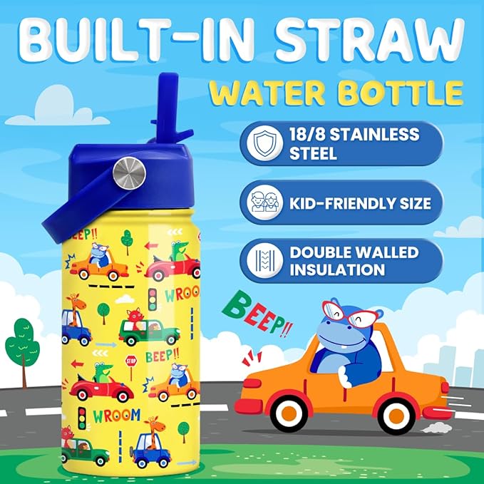 Kids Water Bottle with Straw Lid - 12 Oz Insulated Stainless Steel Vehicle Cars Water Bottles for Kid Boys - Travel Cup for School Sports