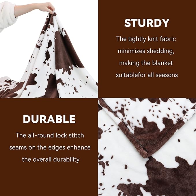 Cow Print Blanket Brown & White - Gifts for Cow Lovers Adults Girls Boys - Soft Plush Lightweight Warm Fleece Throw Blanket for All Seasons Cozy Farmhouse Decor for Bed, Couch, Travel(50"x60")