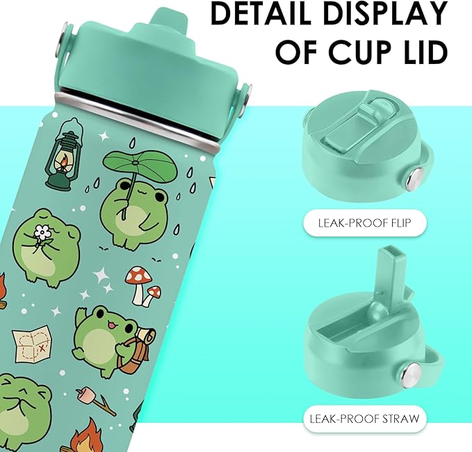 Frog Gifts for Kids - 16oz Cute Green Frog Water Bottle with Straw Lid, Stainless Steel Insulated Tumbler, Leakproof, BPA-Free, for Boys & Girls, School - Animal Frogs Lovers Birthday Gift Cup (1pc)