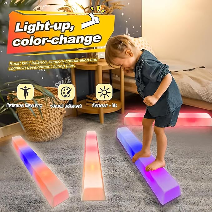Kids Light Up Balance Beam - 3 Stepping Stones and 2 Balance Beams with 7 LED Light Colors for Active Play for Toddlers Ages 3+, Gymnastics Toy Set for Home/Playground/Party.