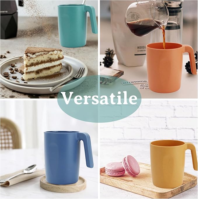 16oz Wheat Straw Cups with handles set of 6-Plastic Cups Reusable-Unbreakable Kids Mugs-Dishwasher Safe & Microwave Safe-Ideal Plastic Mugs for Tea,Coffee,Camping,RV-Vibrant Color