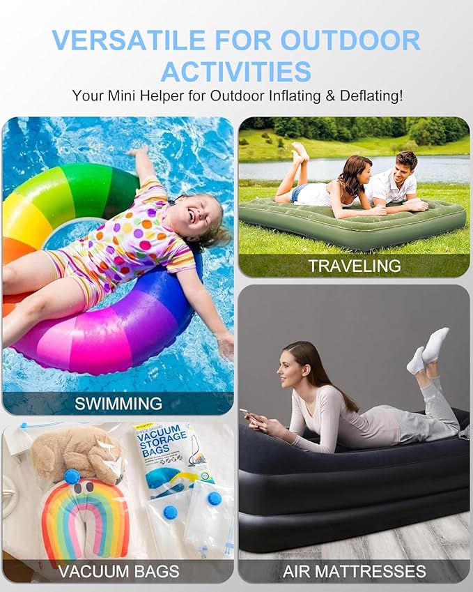 Portable Pool Inflatable Air Pump - 5kPa Upgrade Electric Camping Travel Vacuum Mini Inflator Pump for Inflatables - Battery Mattress Bed Small Float Pumps - Tiny Rechargeable Pumps for Storage Bags