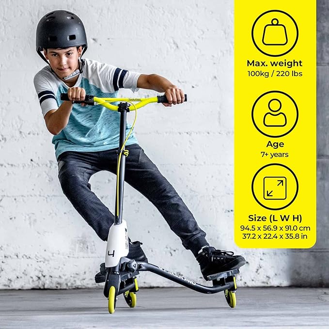 Yvolution Fliker Kids Drift Scooter, Adjustable Handlebar in 3 Heights, 3 Wheels, for Boys and Girls Age 7+ Years Old, Max User Weight 220lbs/100kg