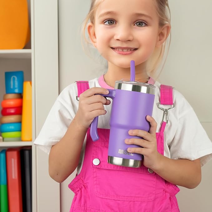 Kids Tumbler-16 oz Stainless Steel Double Wall Vacuum Insulated Tumbler Cup with Lid and Straw Travel Coffee Mug with Handle(Hot Pink)