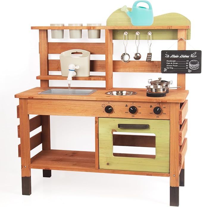 Outdoor Kitchen for Kids,Mud Kitchen Wooden Toy Playset with Kettle, Sink, Wooden Plant Container and Kitchen Accessories, for Children Ages 3+ Years (Green)