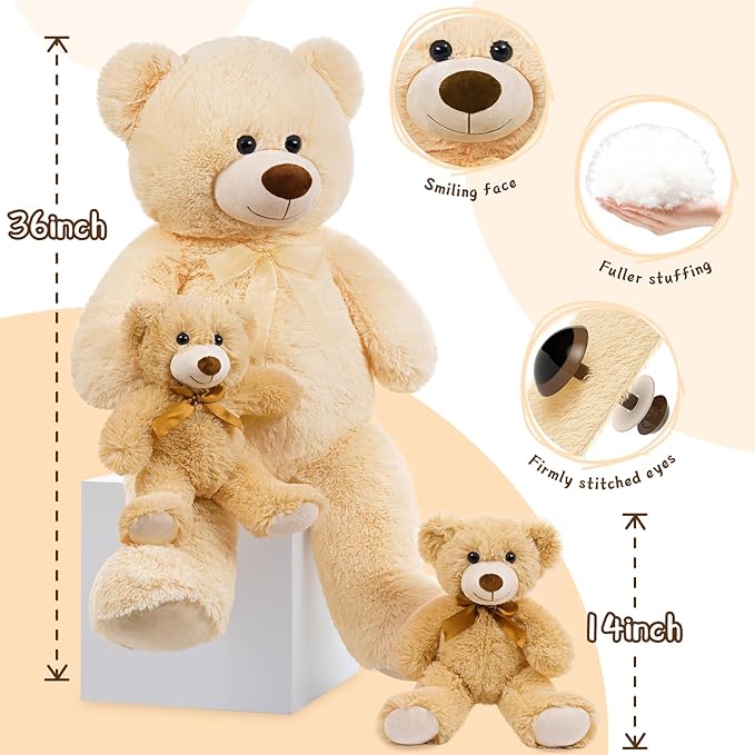MorisMos Giant Teddy Bears with Babies, 36inch Large Mommy Bear with 2 Babies Stuffed Animals for Baby Shower, Big Bear Plush