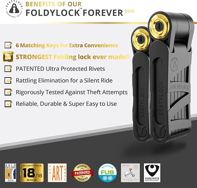 Seatylock FoldyLock Forever Folding Bike Lock Set - Patented 2 Matching Bicycle Locks with 6 Identical Keys - 18/18 Heavy Duty Anti Theft Secure Guard with Keys & Case Mount - 35.4"