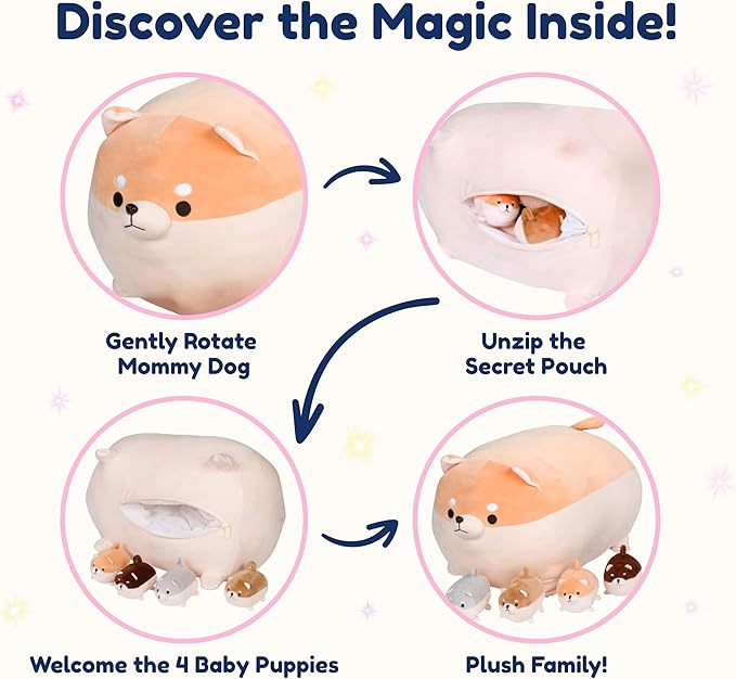 PixieCrush Stuffed Dog Toy - Cute Plushies Shiba Inu Mommy with 4 Puppies - Adorable Plush Pillow for Imaginative Play - Puppy Surprise Soft Animal Toy Set for Girls - Stuffed Animals for Ages 3-8