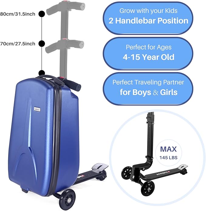 Scooter Luggage for Kids Scooter Suitcase for Ages 4-12, 4 in 1 Kids Luggage Boarding Suitcase Detachable & Foldable Scooter Travel Trolley Ride On Luggage-Blue
