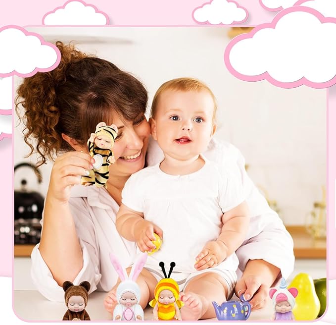 Haawooky 6 Pcs 4 Inch Mini Baby Dolls,Cute Small Baby Doll Toys with 8 Pcs Animal Clothes,Lifelike Realistic Reborn Tiny Baby Dolls for Kids Baby Shower Easter Basket Birthday Gifts