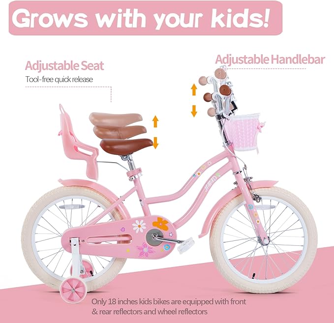 JMMD Girls Bike for 4-12 Years Old Kids, 12 14 16 18 20 24 Kids Bike with Training Wheels, Basket and Doll Seat, Toddler Girls Bicycles with Handbrake & Kickstand, Multiple Colors