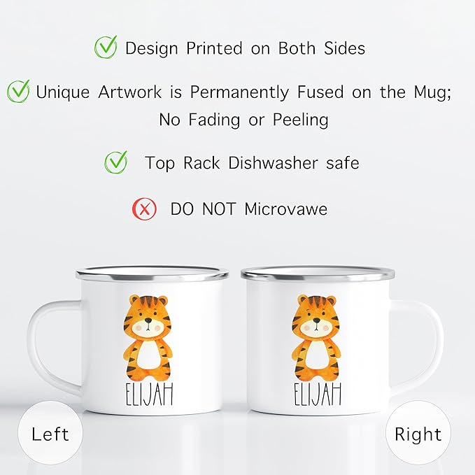 Personalized Mug for Kids, Boys, Girls | Customized Cocoa, Hot Chocolate, Coffee & Milk Cup | Custom Name Birthday Gift Party Favors | 11 Oz Stainless Steel Camping Mug Unbreakable | Tiger