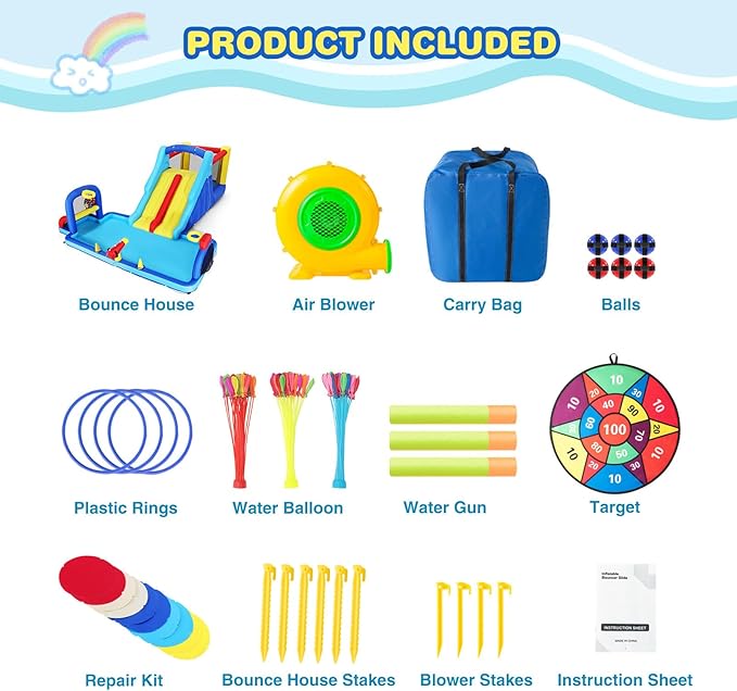 Inflatable Water Slide Bounce House, Double Slide Bouncer Castle Playhouse w/Splash Pool,Jump Area, Climbing Wall,Basketball Hoop, Water Balls, 550W Air Blower for Kids Backyard Indoor Outdoor Use