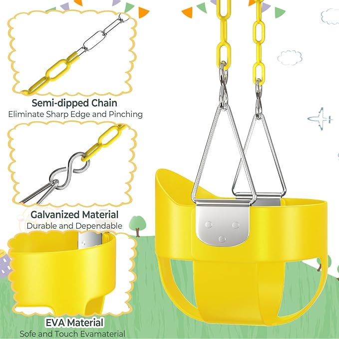 AGPTEK High Back Full Bucket Toddler Swing Seat Infant Swing with Yellow Coated Swing Chains and Carabiners Baby Swing Outdoor for Easy Install(Yellow)