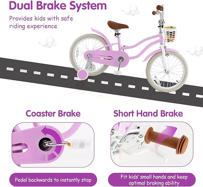 HONEY JOY Kids Bike, 12 14 16 18 20 Inch Toddler Bikes w/Training Wheels, Handbrake & Coaster Brake, Fully Enclosed Chain, Adjustable Handlebar & Seat, Kids Bicycle w/Basket, Girls Boys Bike 3-8