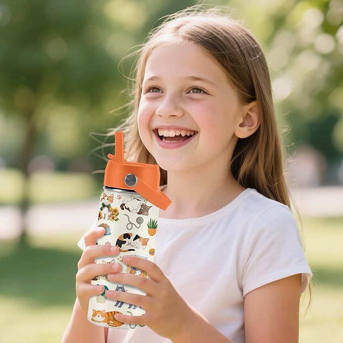 Cat Gifts for Kids - 16 Oz Orange Cat Water Bottle with Straw Lid, Stainless Steel Insulated Tumbler, Leak Proof, for Boys & Girls, School, Travel - Funny Cats Lovers Children Birthday Gifts Cups(1pc)