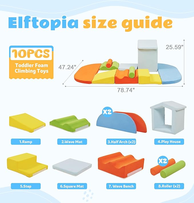 10-Piece Foam Climbing Blocks with Ramp & Stairs for Toddlers,Soft Play Gym Set,Foam Toddler Climbing Toys for Indoor Crawling,Sliding & Creative Play-Dynamic Color