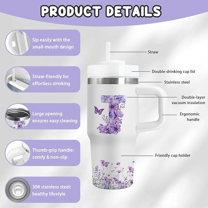 Letter J Tumbler Gifts, 14oz Letter J Themed Tumbler with Handle and Straw, Stainless Steel Double Wall Vacuum Insulated Cup Keep Hot Cold - 14oz Travel Mug with Lid Tumblers for Home Work Outdoor Use