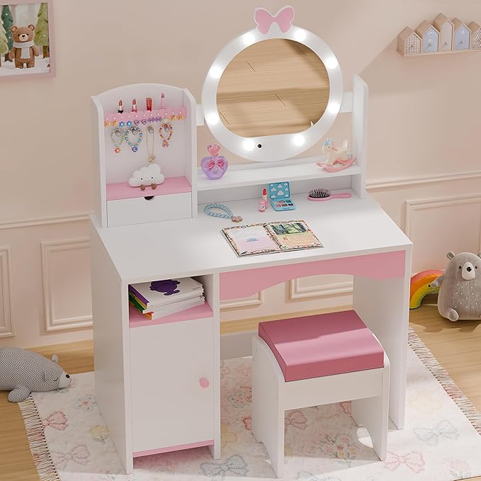 TOLEAD Kids Vanity, Girls Vanity Set with Mirror and Stool and Lights, Toddler Vanity Table and Chair Set with Jewelry Storage, Wooden Princess Makeup Desk Dressing Table for Little Girls (White)