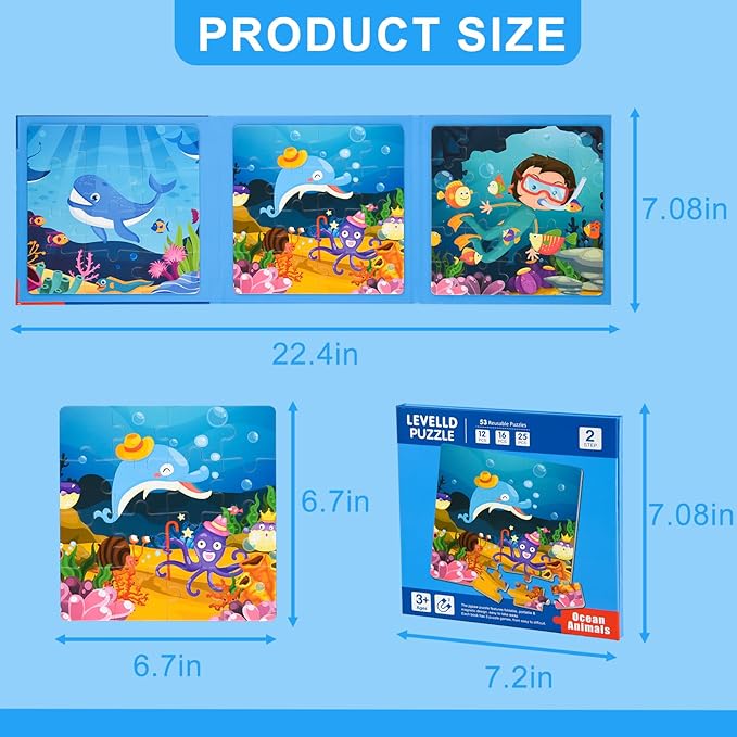 ASTARON Magnetic Puzzles for Toddlers, 12-16-25 Pieces Ocean Learning Magnet Puzzles for Road Trip, Educational Travel Toys Car Plane Activities for Kids, Kids Birthday Gifts