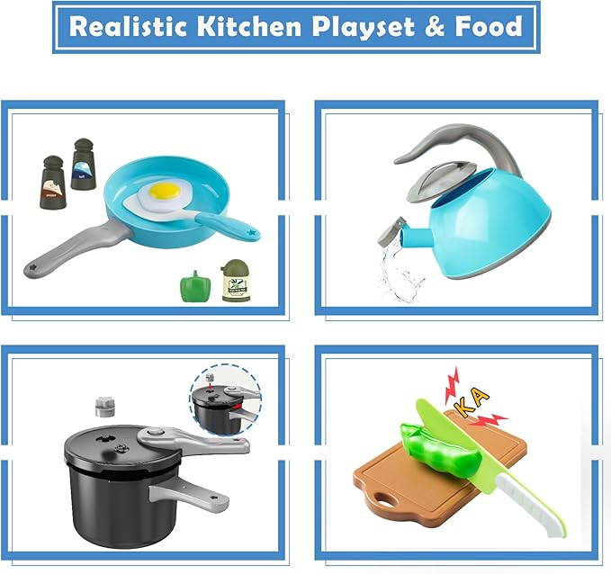 Bruvoalon 67Pcs Kids Play Kitchen Toys Set, Toddlers Pretend Cooking Playset Acccessories with Pots Pans, Utensils Cookware, Foods, Canned Veges, Learning Gift for Kids Girls Boys (Turquoise)