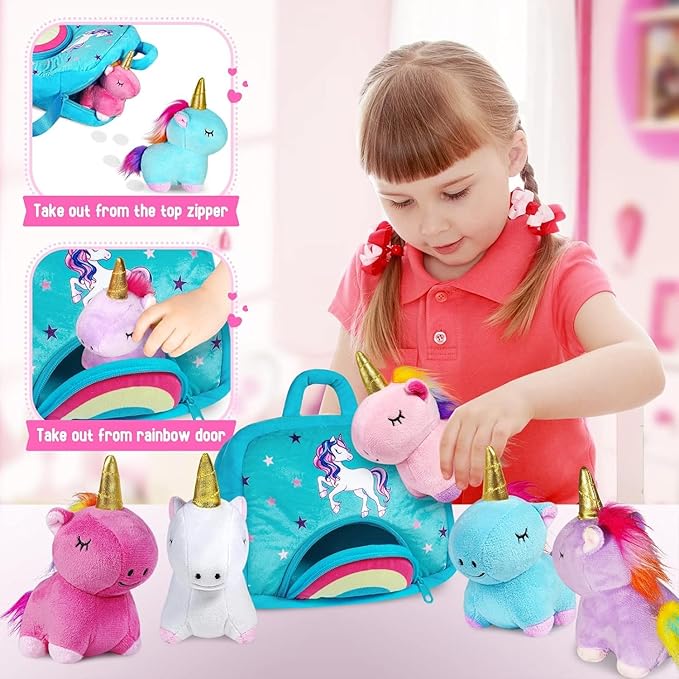 KMUYSL Toys for 18 Months+ Year Old Girls, Plush Stuffed Animal with 5 Unicorn Babies in Plush Bag Toy, Soft Plush Toys Set, Christmas Birthday Gifts for 2 3 4 5 6 7 8 Girls Boys Baby, Toddler, Kids